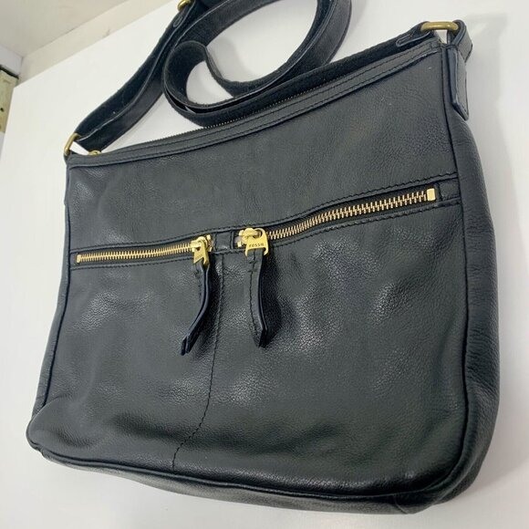 FOSSIL Black Pebble Leather Bag CROSSBODY MESSENGER SADDLE Two ZIP Front - Picture 4 of 16